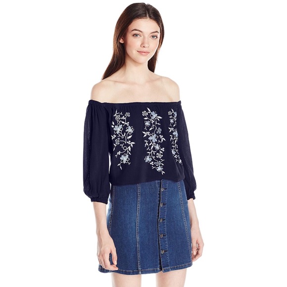 White Floral Embroidered Off Shoulder Navy Blouse - Picture 6 of 7